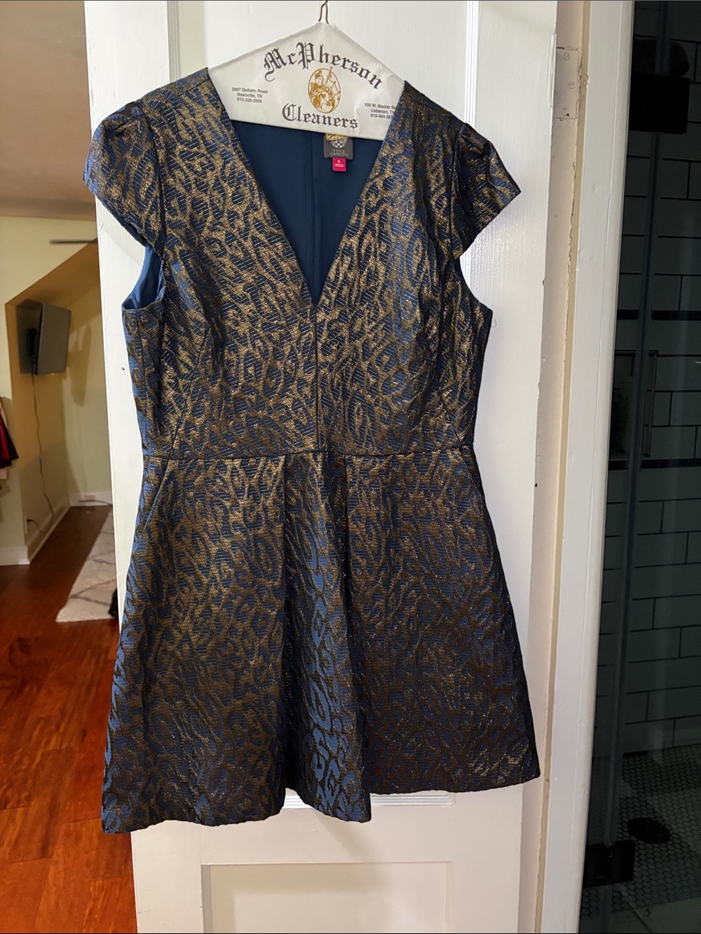 Vince Camuto Navy and Gold Jacquard Fit-and-Flare Dress